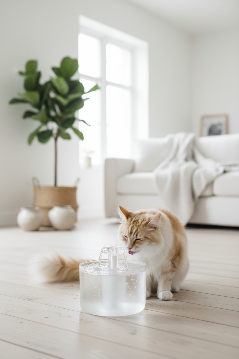 Self-Filtering Cat Water Fountain – lifestyle with cat drinking in Scandinavian home