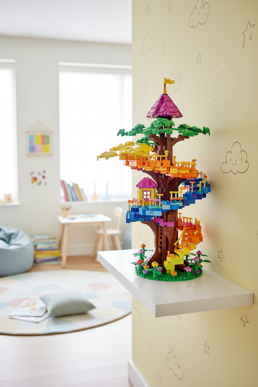 Rainbow Tree House Building Blocks – lifestyle display in bright children's room